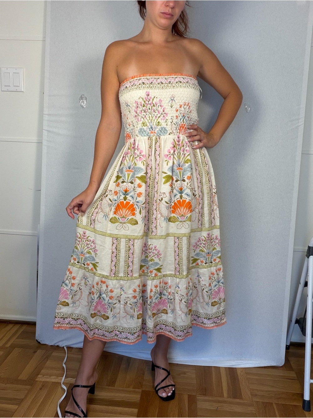 Cream Floral Strapless Midi Dress with Smocked Bodice